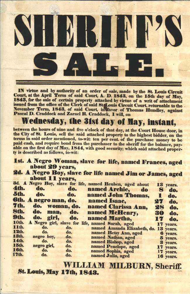 Broadside from 1843 promoting the sale of 17 enslaved people at the St. Louis Courthouse.