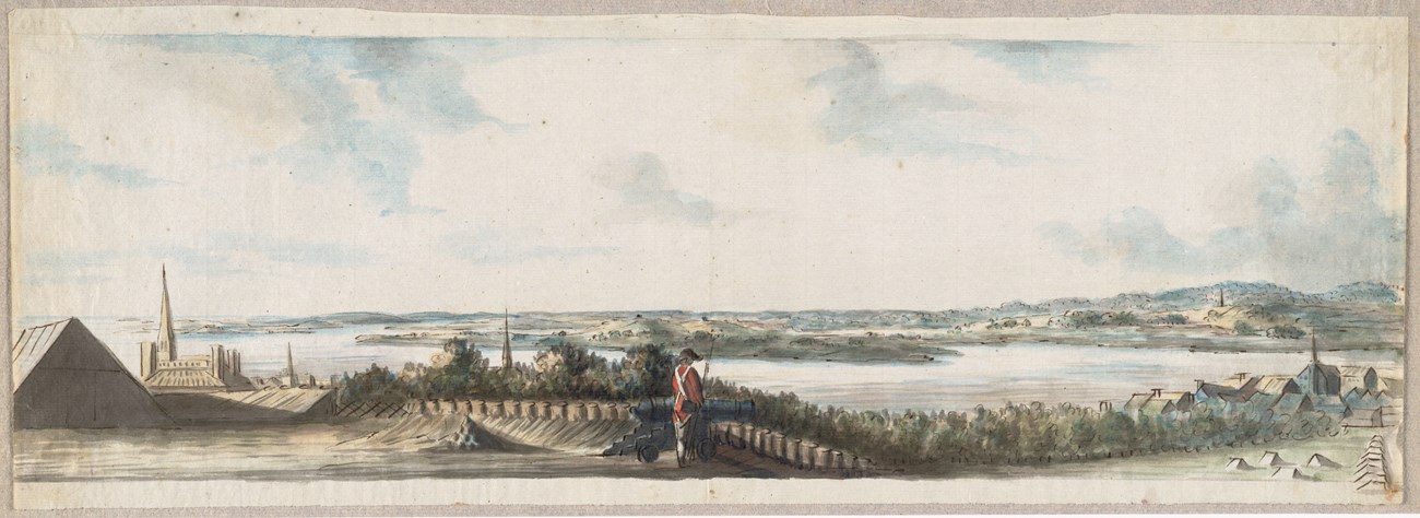 Ink and watercolor panoramic view with fort and soldier in red jacket in foreground and two hills in background beyond water of Boston Harbor.