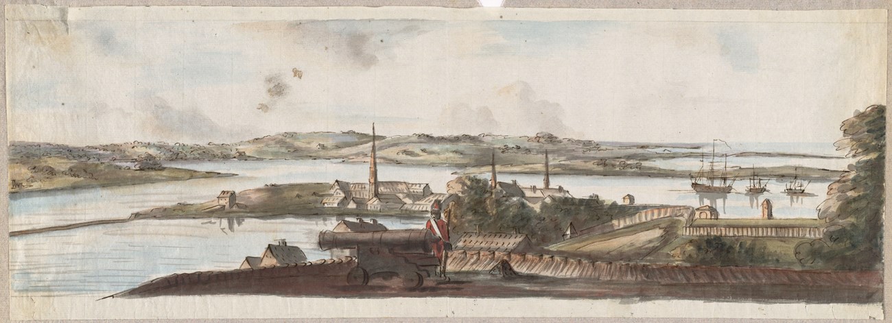 Panoramic watercolor painting of view from Boston across harbor. Cannon and soldier in red jacket in foreground.