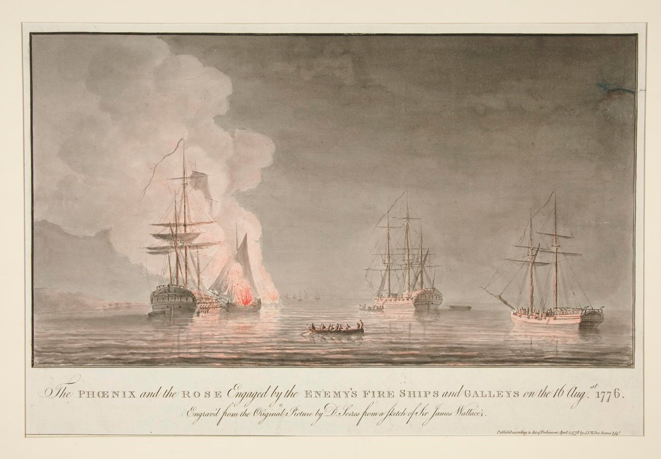 Color print of three sailing ships with one fireboat in flames. Group of men row away from the burning ship in foreground.