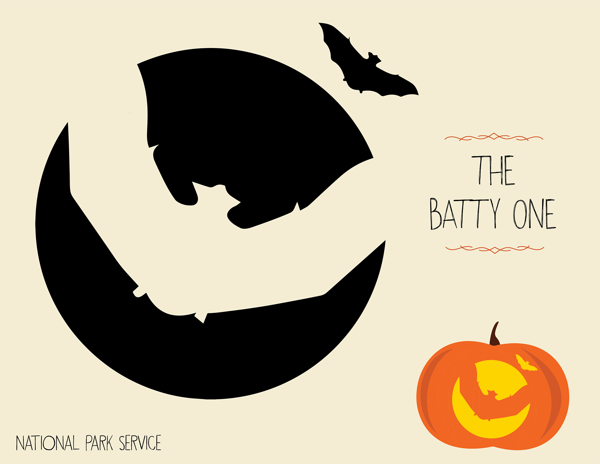 Art project for carving pumpkins with a bat stencil and example of it on a jack o' lantern. Text reads The Batty One. National Park Service."