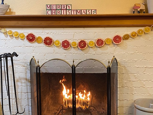 A citrus garland hung over a fireplace.