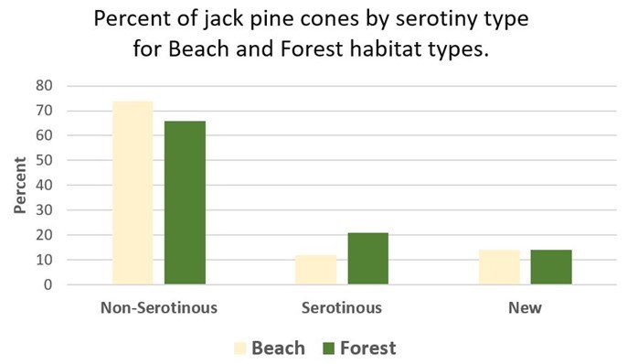 Graph of percent of jack pine cones by serotiny type for beach and forest habitats.