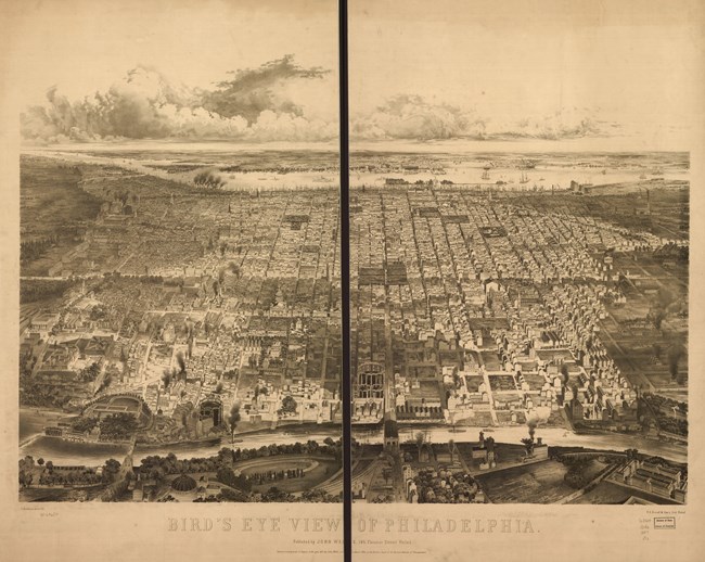 Old drawing of Bird's eye view of Philadelphia