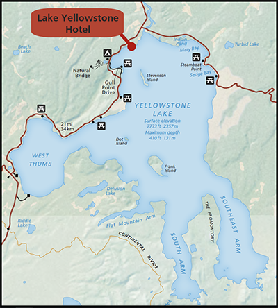 Map of Yellowstone Lake with a red dot indicating the location of the Lake Yellowstone Hotel.