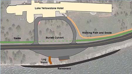 Aerial view of the hotel, bluff, shoreline, and lake superimposed with polygons indicating the various engineering design locations. South of the hotel is the arched round-a-bout road leading to the main road.
