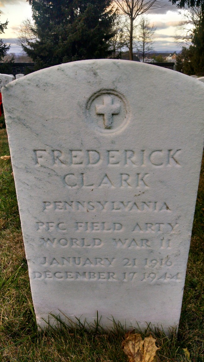 A color image of Frederick Clark's headstone in Gettysburg National Cemetery