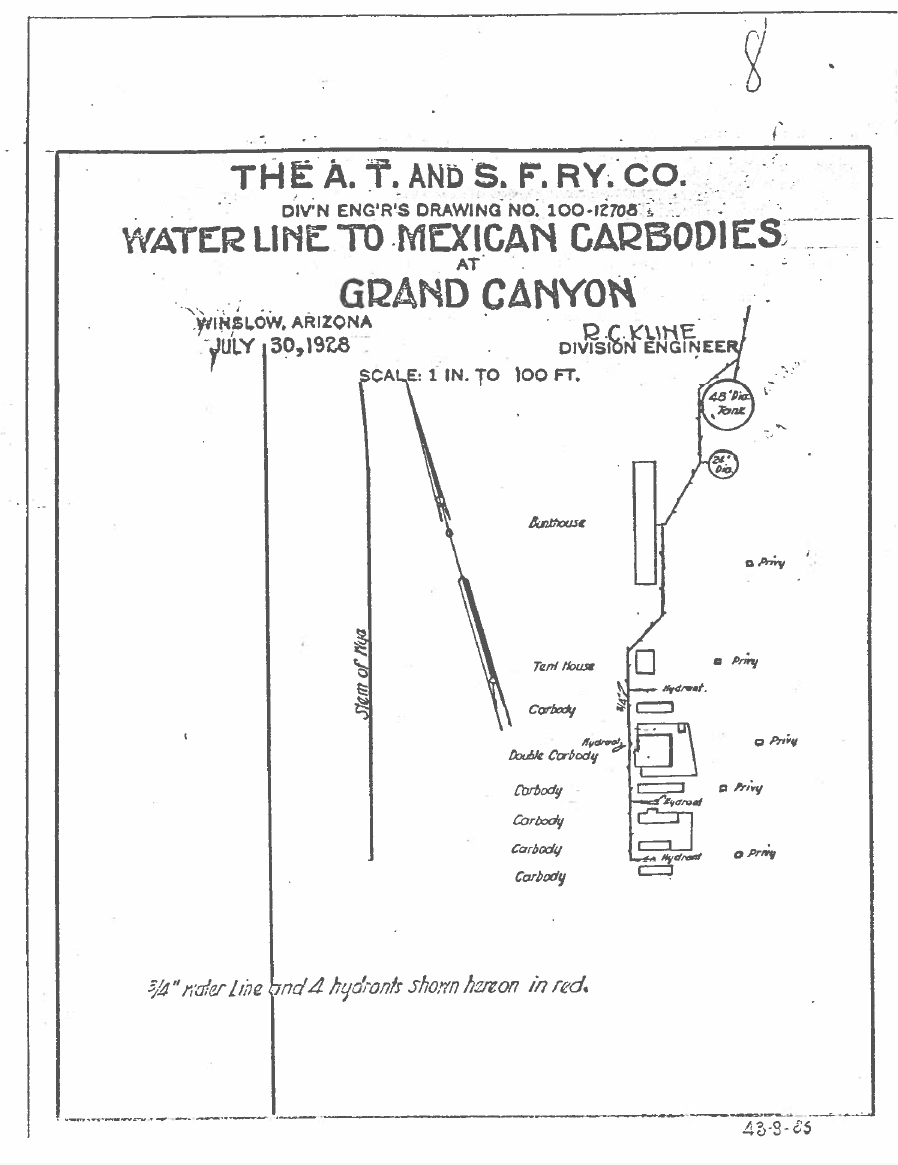 Utilities map showing the approximate location of six "carbodies," or boxcar housing for Mexican immigrants. The map also shows two water tanks supplying the water as well as a bunkhouse for employees. There is the end of the railroad wye to the left of t