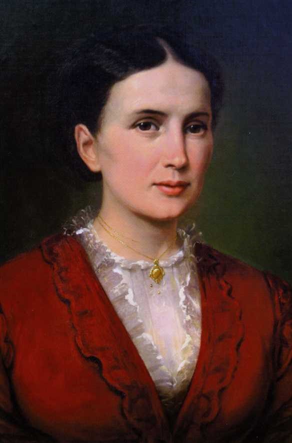 a painting of Lucretia Garfield who is wearing a red dress