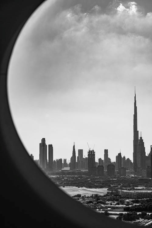 Black and white image of Chicago skyline from a plane