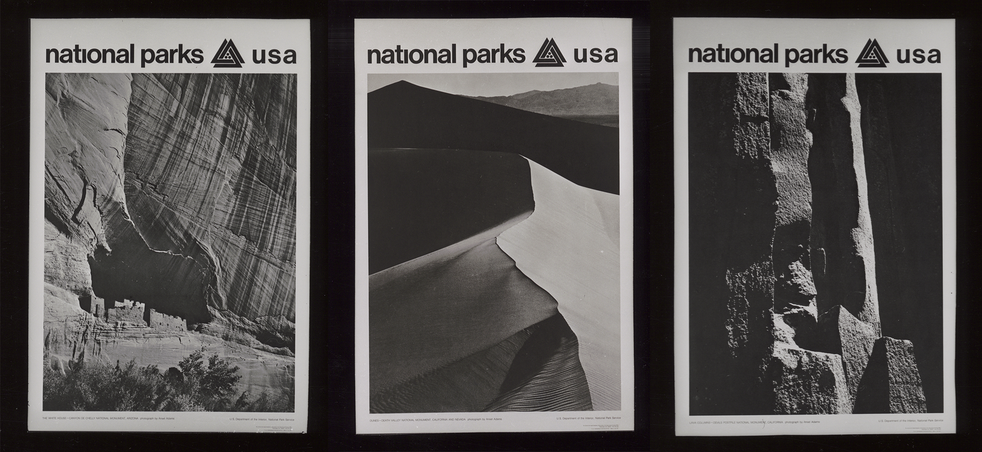 Three side-by-side posters featuring a cliff dwelling, sand dunes, and close up of granite rock.