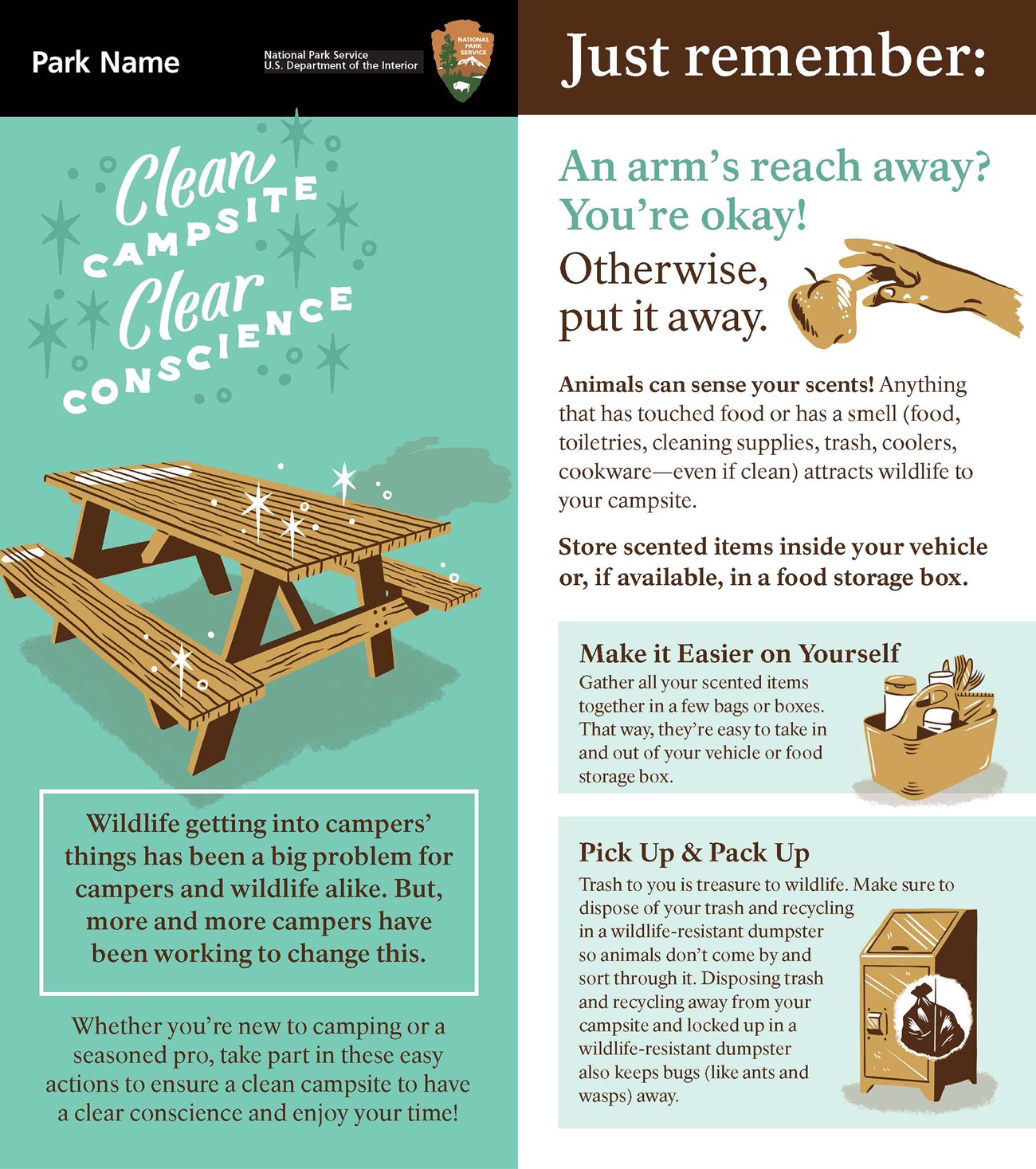 Card with tips to prevent conflicts with wildlife: store scented items like food, toiletries, cleaning supplies, trash, coolers, cookware in vehicle or food storage box; keep items within arm’s reach or put away; put trash in wildlife-resistant dumpsters.