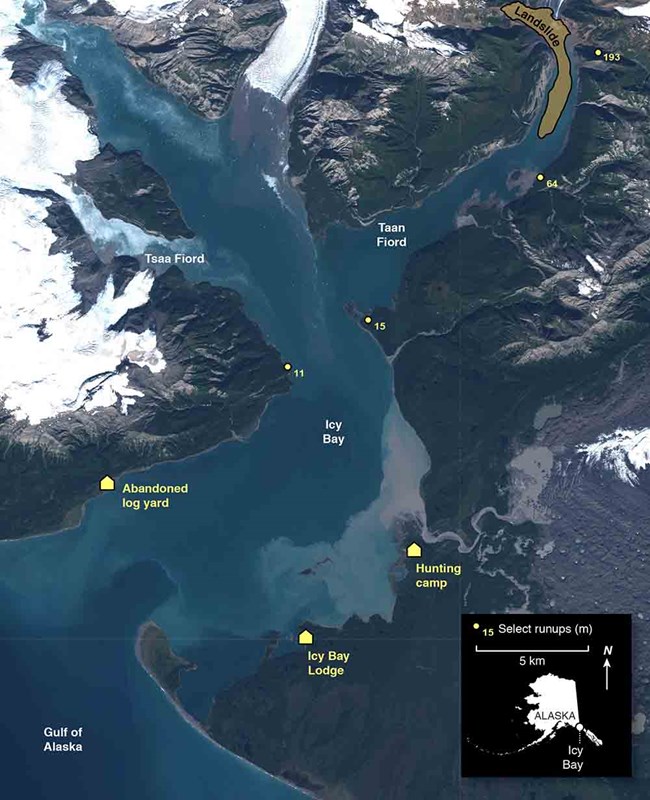 Imagery showiing Icy Bay and the landslide in Taan Fiord
