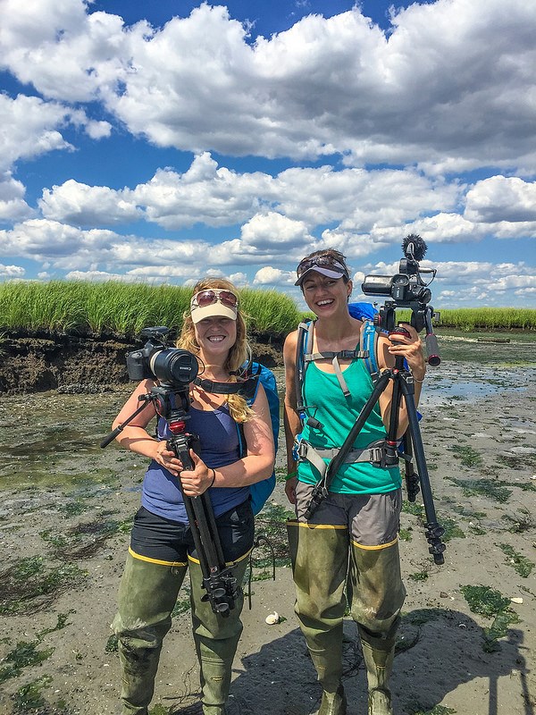 two women wear hip boots in a muddy salt marsh while holding camera equipment