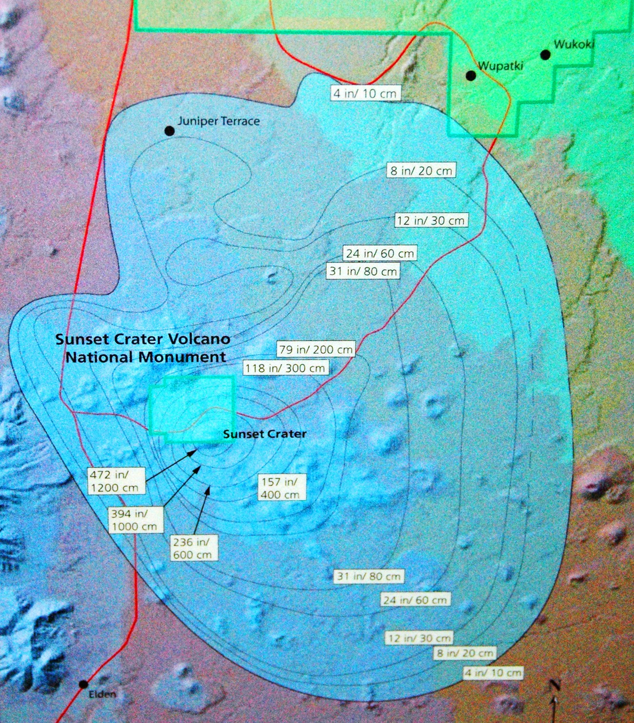 Map of area around sunset crater Arizona showing area covered with volcanic ash