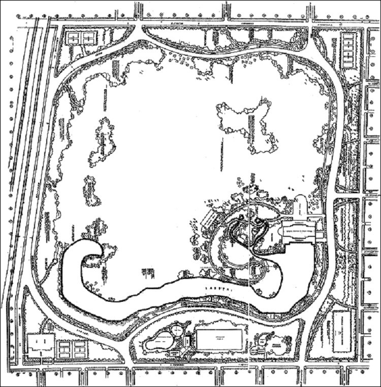 Map/drawing of Jensen's Original Plan for Columbus Park, 1918.