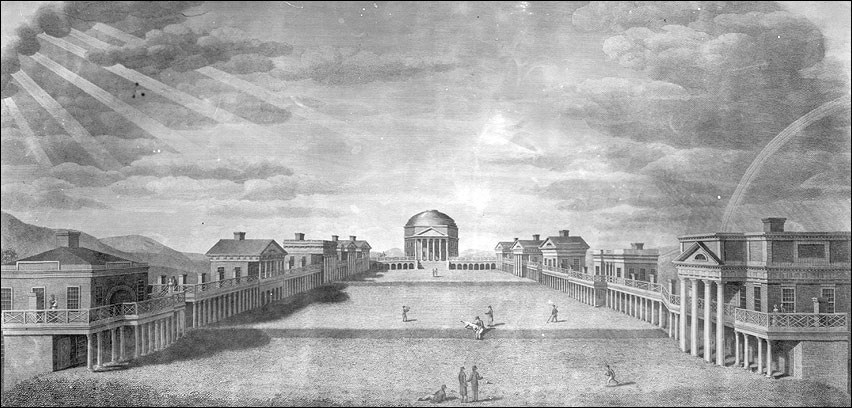 Drawing of buildings facing open square.