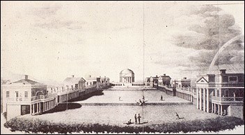 Drawing of the University of Virginia with several buildings facing open square.