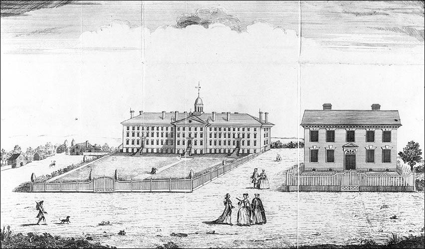 Drawing of buildings surrounded by open grounds.