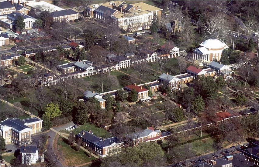 Aerial of campus buildings.