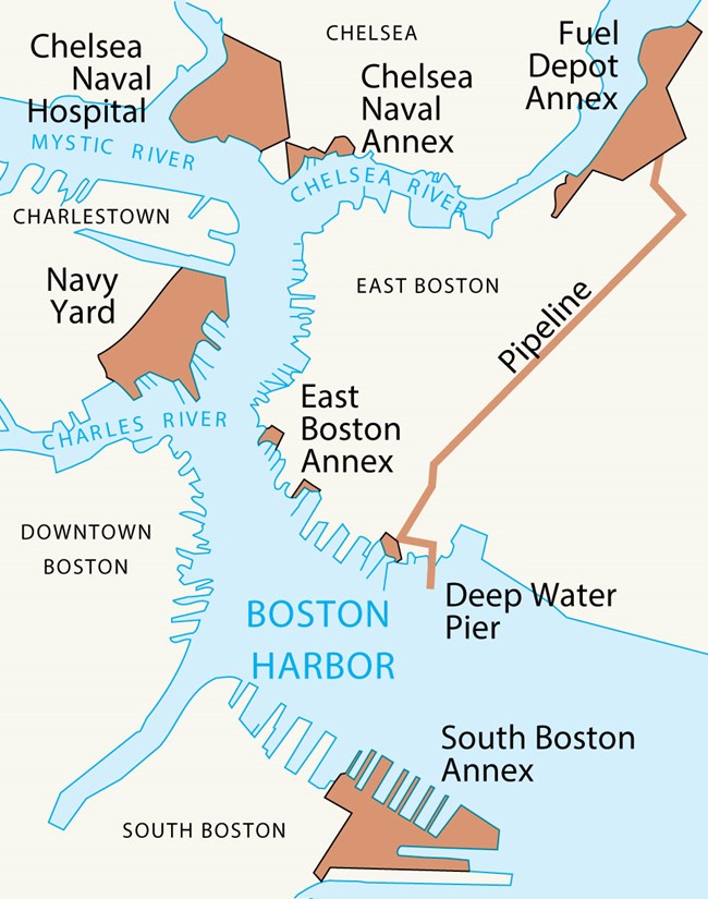 Map oriented north. Map depicts Navy Yard to the northwest. Chelsea Naval Hostpital and Annex to north. Fuel Depot Annex northeast with a pipeline extending southwest. East Boston Annex center and South Boston Annex to the south.