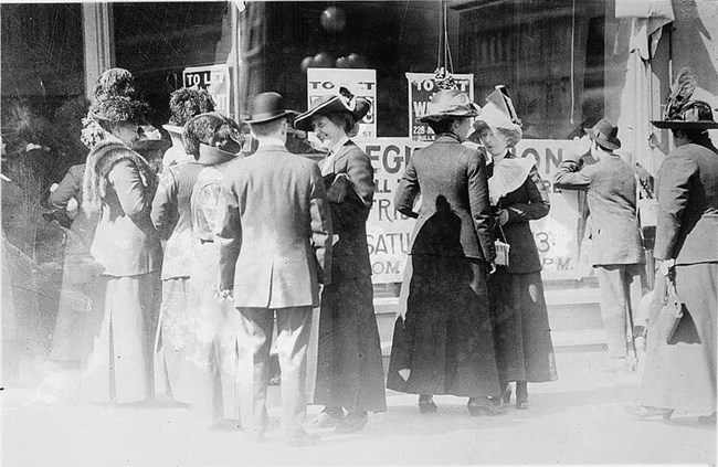 Women in San Francisco, CA, registering to vote. California adopted women's suffrage in Oct. 1911. Library of Congress.