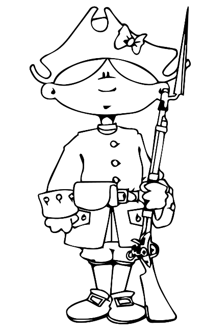 Coloring Page of a Cartoon Fort Soldier wearing a tricorn hat, a uniform coat, a cartridge box with belt, and holding a musket.