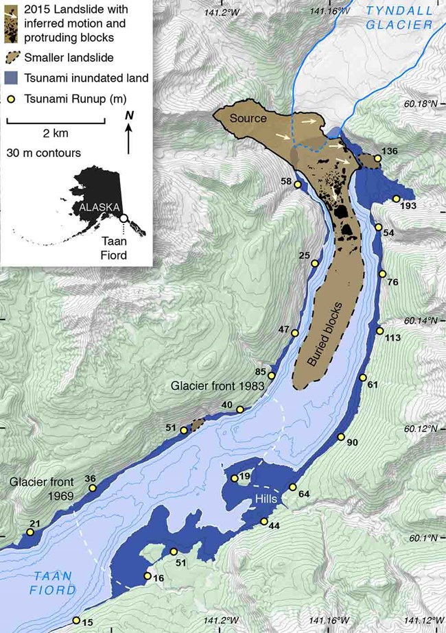 a topo map inset of the Taan Fiord landslide.