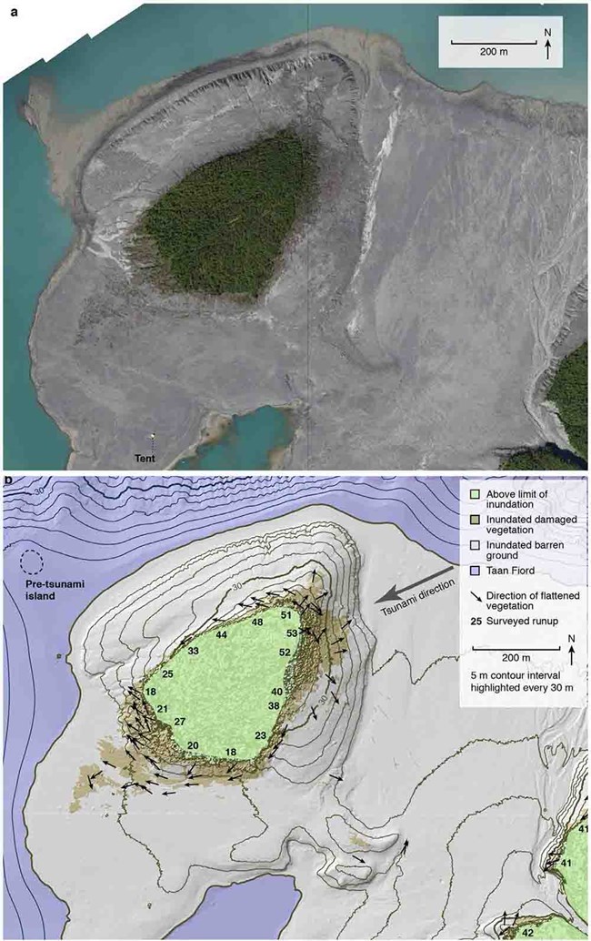 Two images--aerial imagery and topo map--showing tsunami runup.