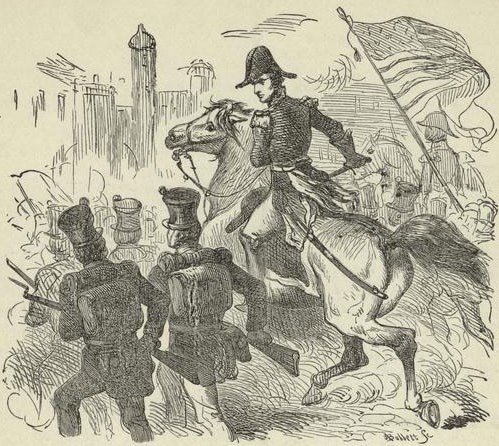A pencil sketch of soldiers marching into a city, in the center is an officer on horseback yell orders to the soldiers.