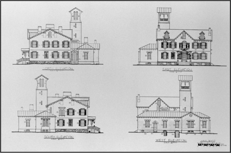 Four diagrams of the Lindenwald house from different angles