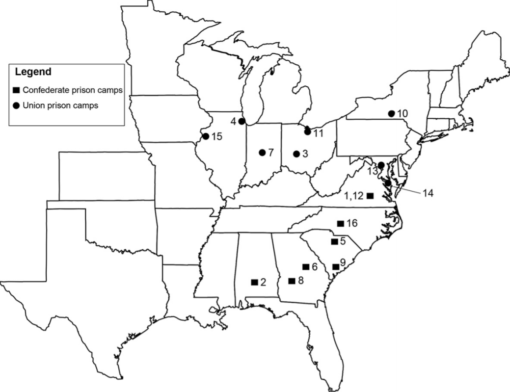 Map depicting the locations of Union and Confederate prison camps