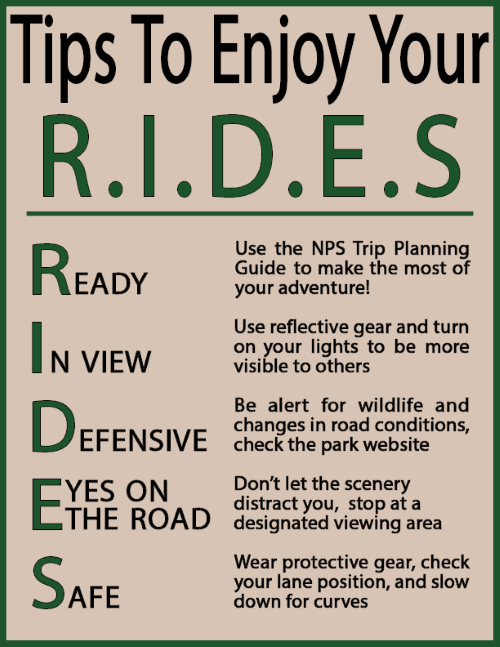 Use the NPS Trip planning guide to prepare, use reflective gear and turn on your lights to be visible, be alert for wildlife and changes in the road, don't let the scenery distract you, wear protective gear, check lane position, and slow down for curves.
