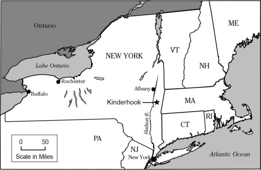 Map showing Kinderhook's location in eastern New York