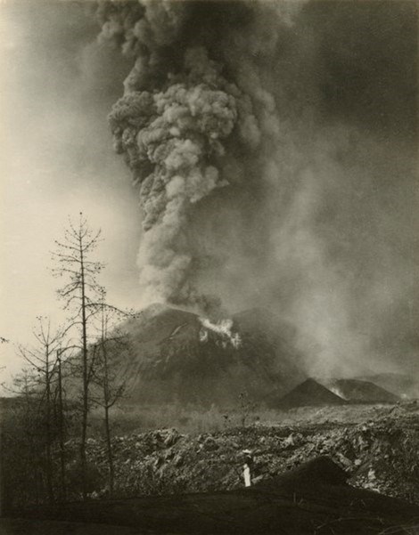 Historic photo of an erupting volcano