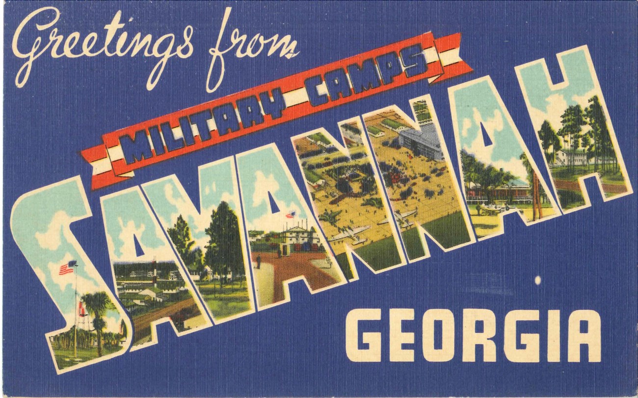 Blue postcard with Savannah in large block letters embedded with images and the words Greetings from Military Camps