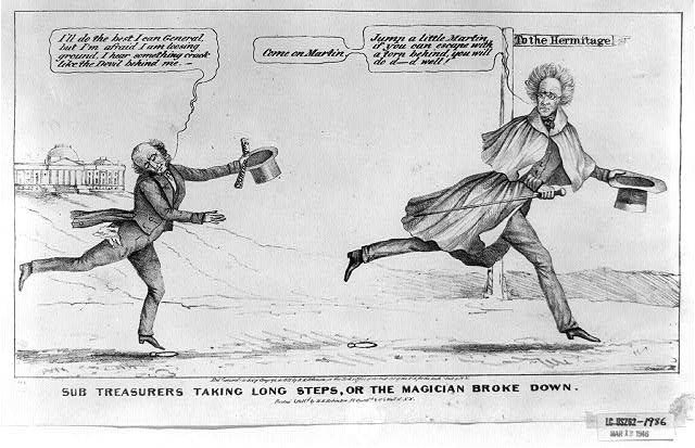 Political cartoon showing Van Buren running subserviently after Andrew Jackson