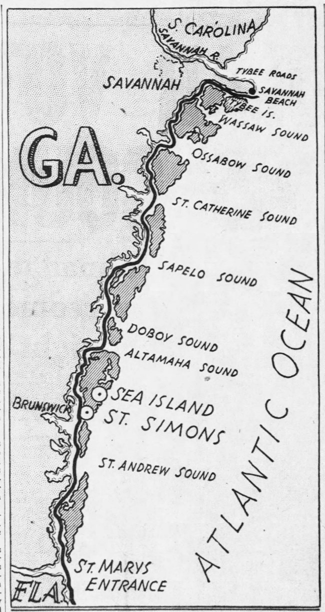 Black and white drawn map showing Savannah and the coast of Georgia