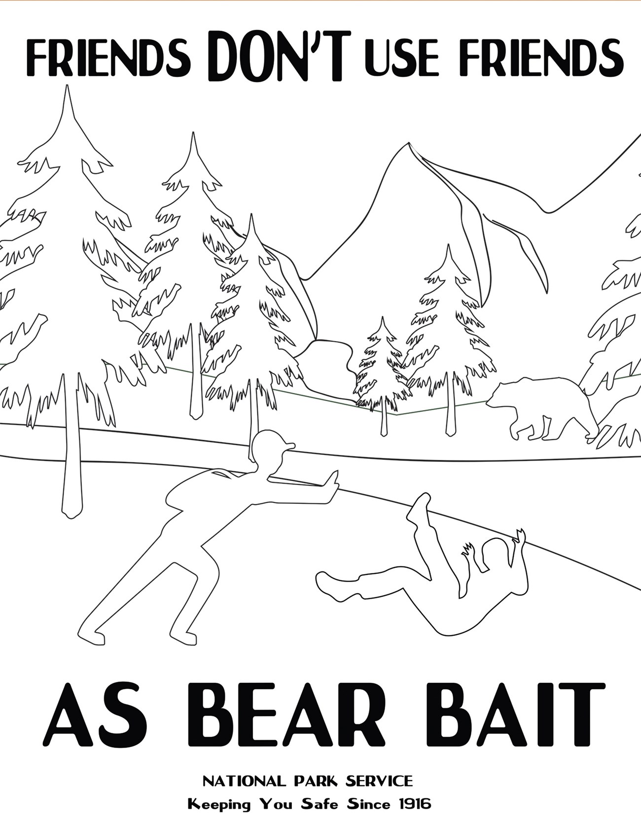 Coloring activity with text "Friends Don't Use Friends as Bear Bait". Additional alt text on the webpage.