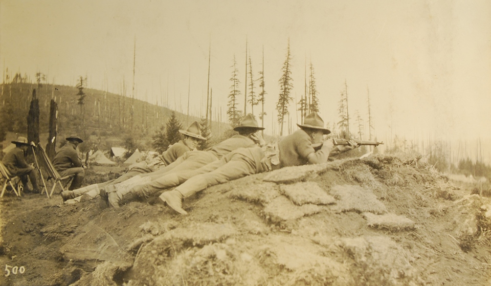 Three soldiers in field uniforms lie on their stomachs on a hill, their backs to the camera, pointing guns. A sparse forest is seen in the background.