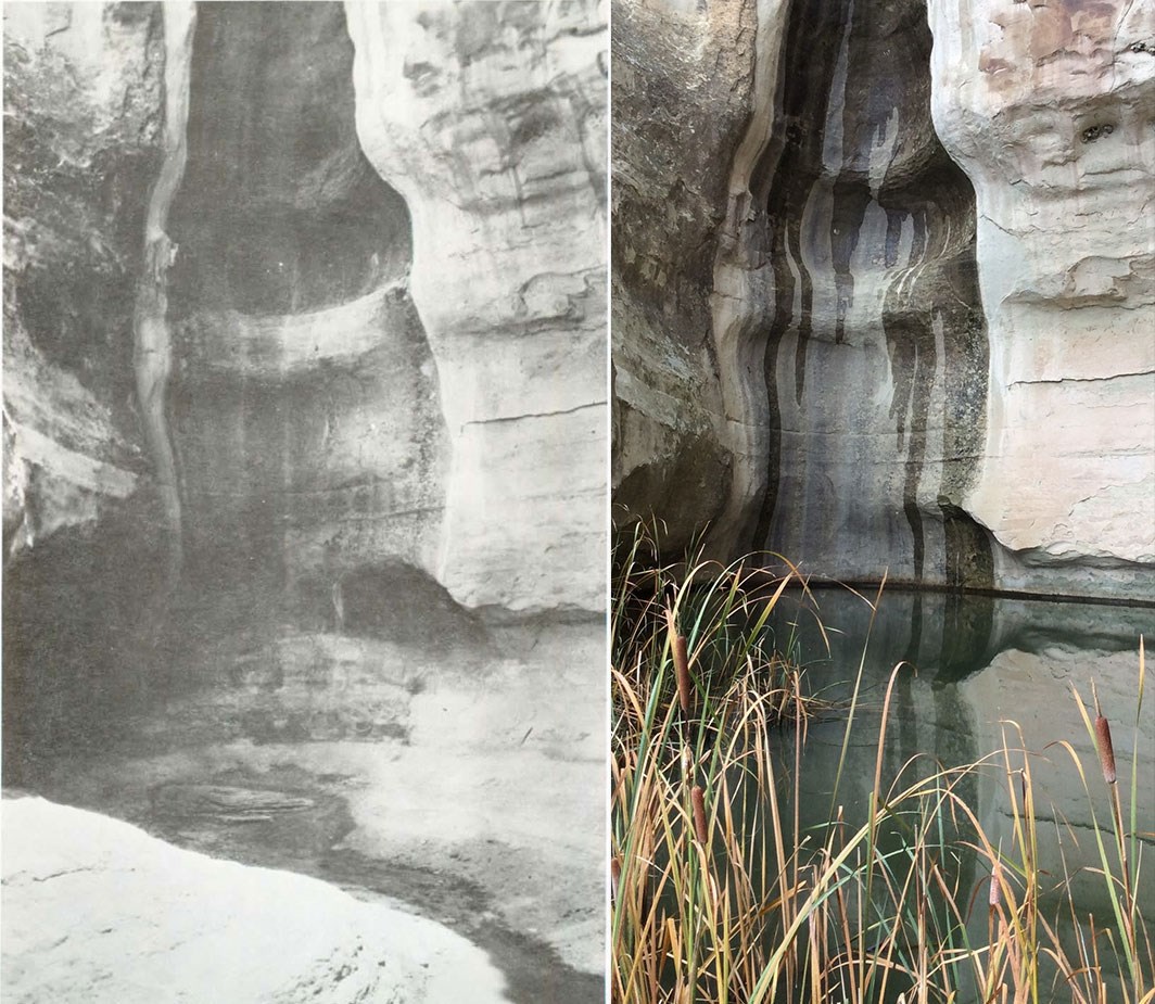 two photos of a pool at the base of a cliff