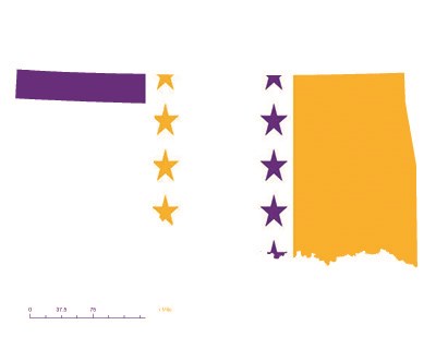 State of Oklahoma depicted in purple, white, and gold (colors of the National Woman’s Party suffrage flag) – indicating Oklahoma was one of the original 36 states to ratify the 19th Amendment. Courtesy Megan Springate.