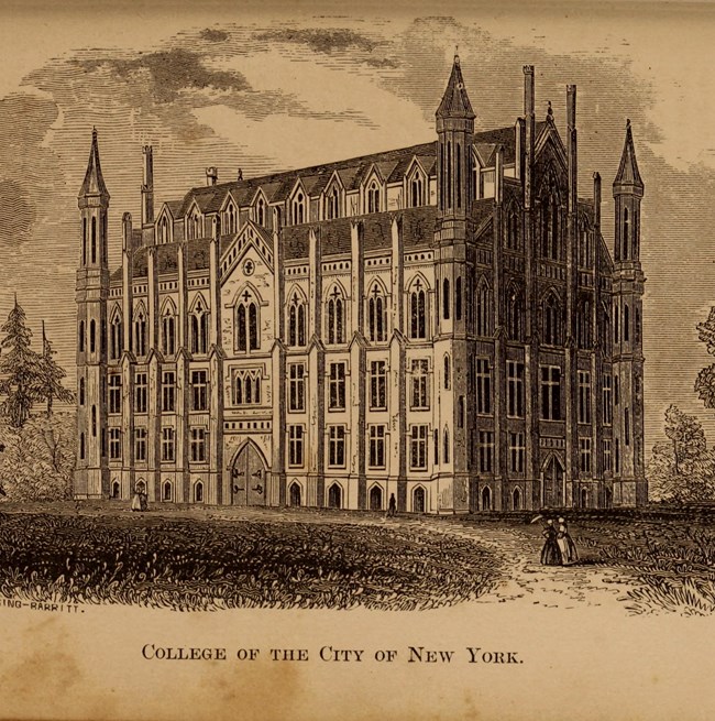 Historic drawing of a university building.