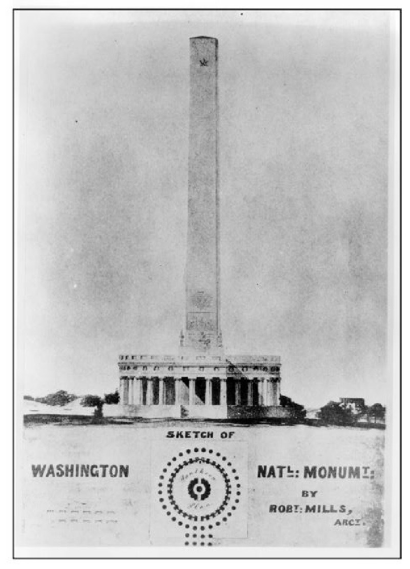 Drawing of an unfinished Washington Monument.