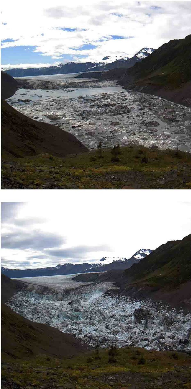A before and after comparison of a glacier-dammed lake full and empty.
