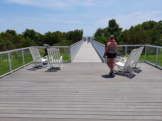 An elevated walkway and platform behind the Assateague Island Visitor Center improves accessibility to the viewshed.