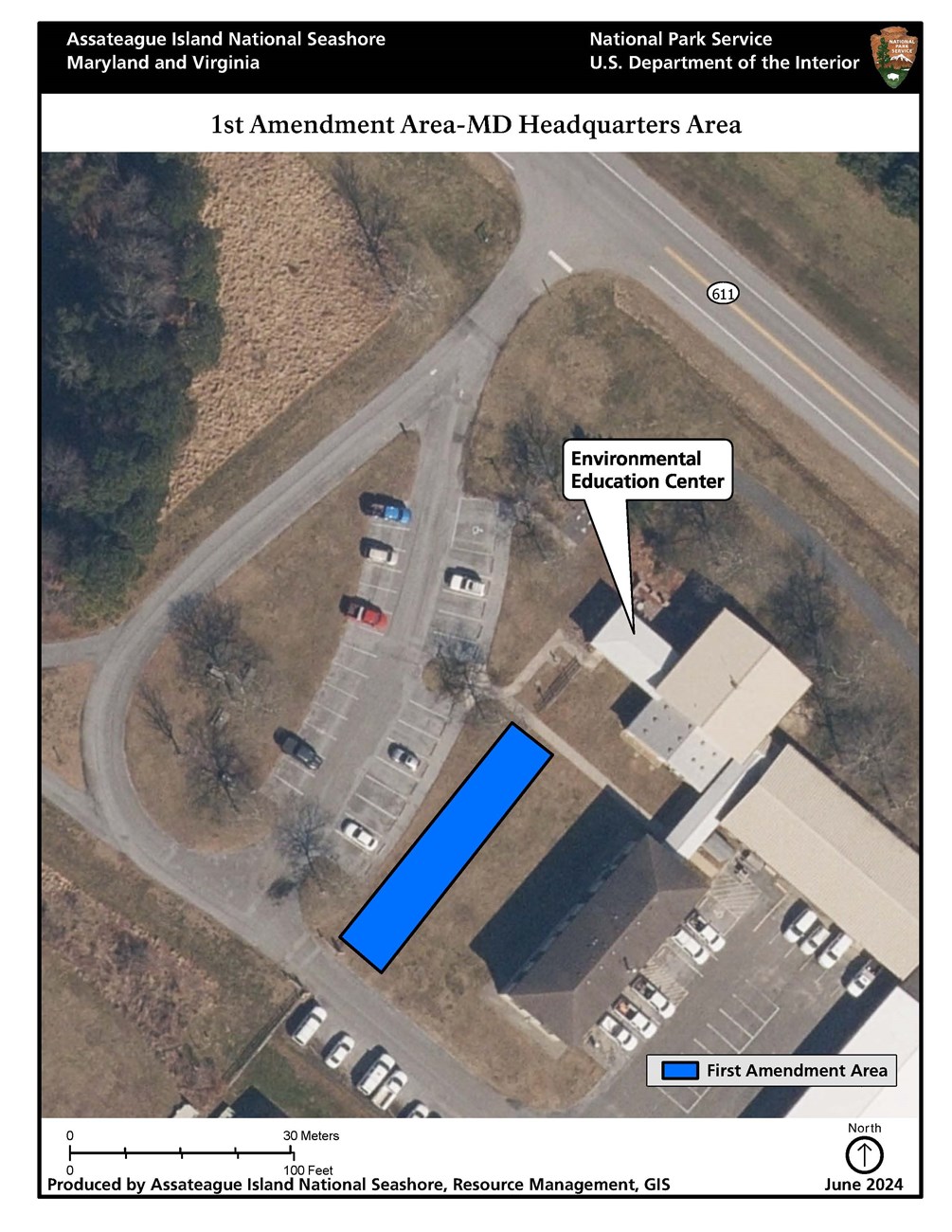 At the Maryland Headquarters, the 1st Amendment area is located south of the parking lot area as shown shaded in blue.