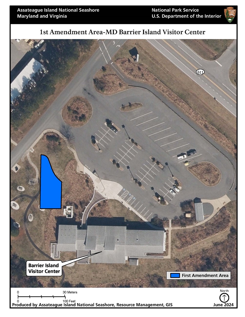 At the Maryland Visitor Center, the 1st Amendment Area is located in the pedestrian area shown in blue.