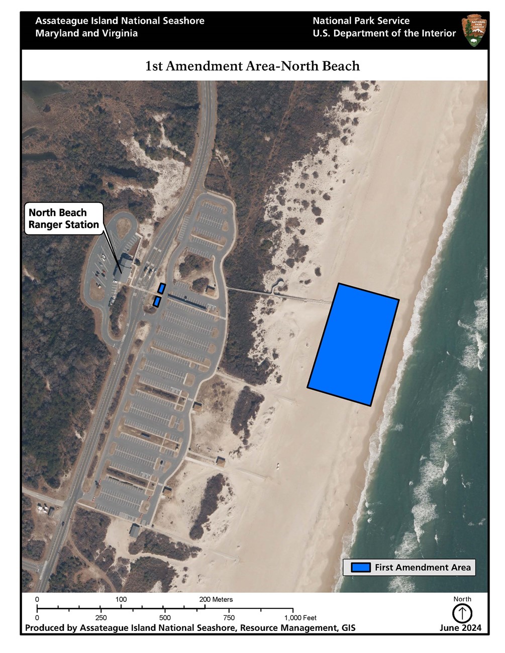 At North beach, the 1st Amendment Area is located on the beach front north of the lifeguarded beach, and off the north beach parking lot west of the longer two solar arrays.