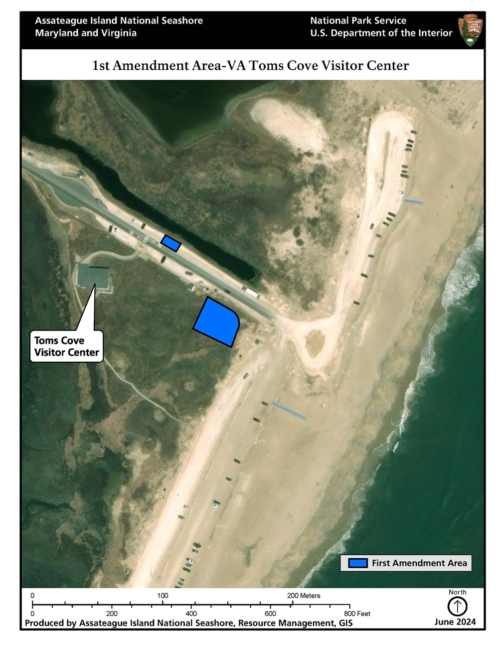 The 1st Amendment Area in Toms Cove, Virginia is located at the eastern-most section of the visitor center parking lot, west of the beach parking circle as shown in blue.